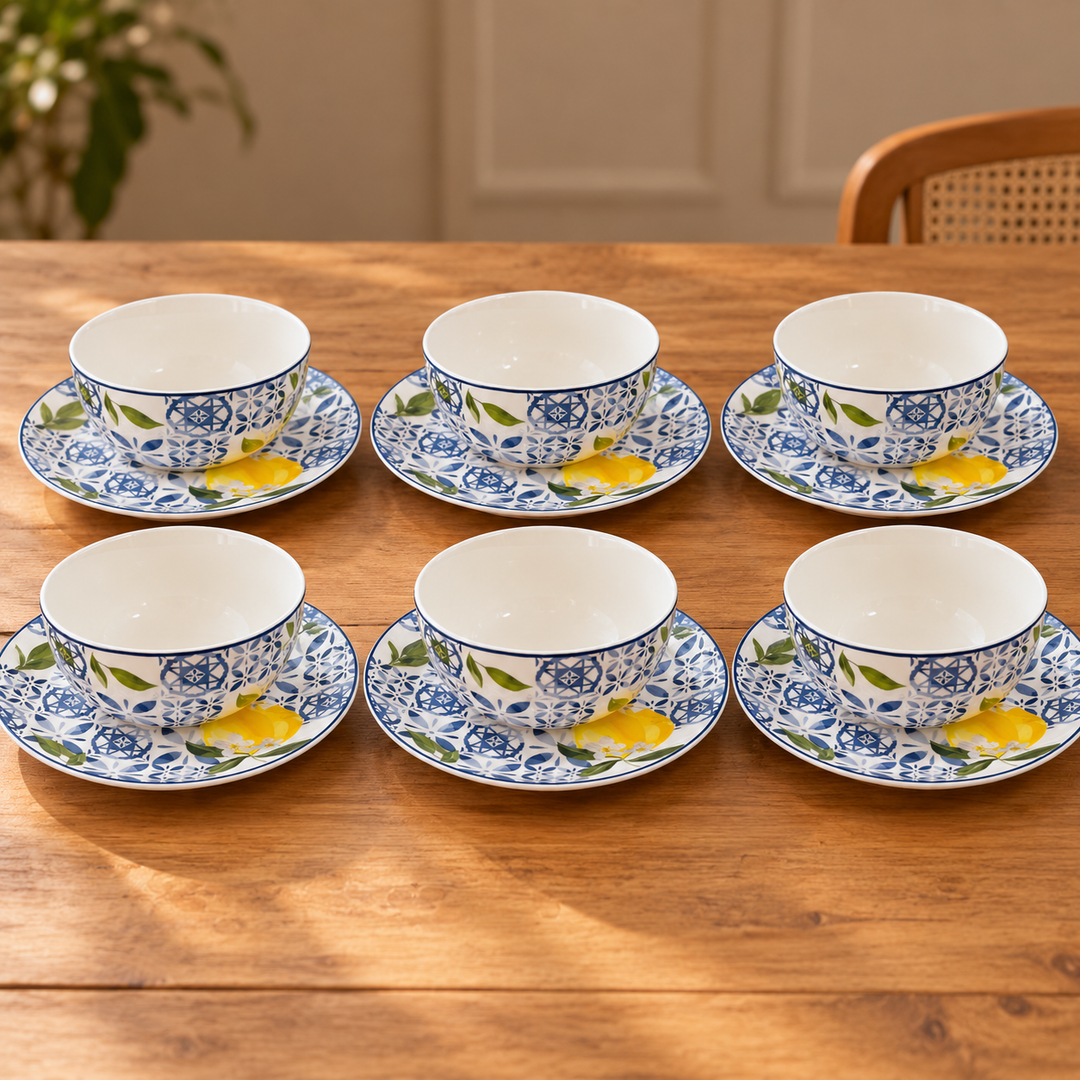 Set 6 assiettes 20cm + 6 bols 13cm en porcelaine citron