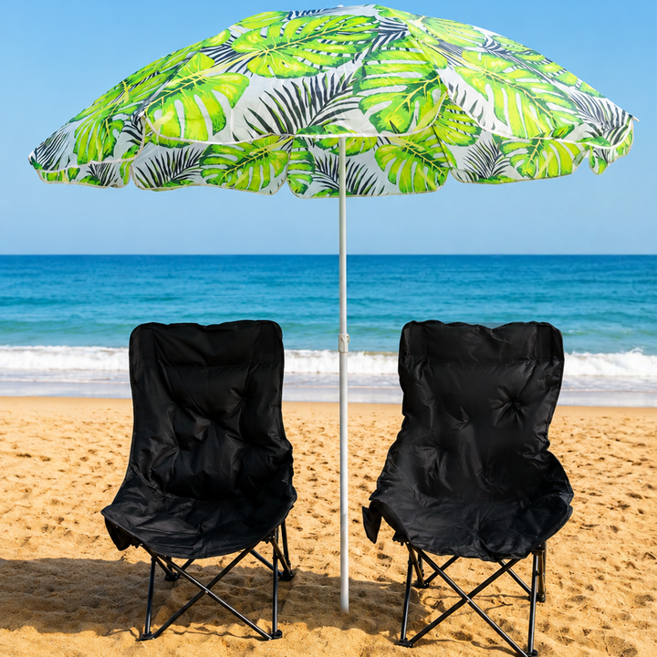 Set 2 chaises pliable 66x46x92cm + parasol 180cm