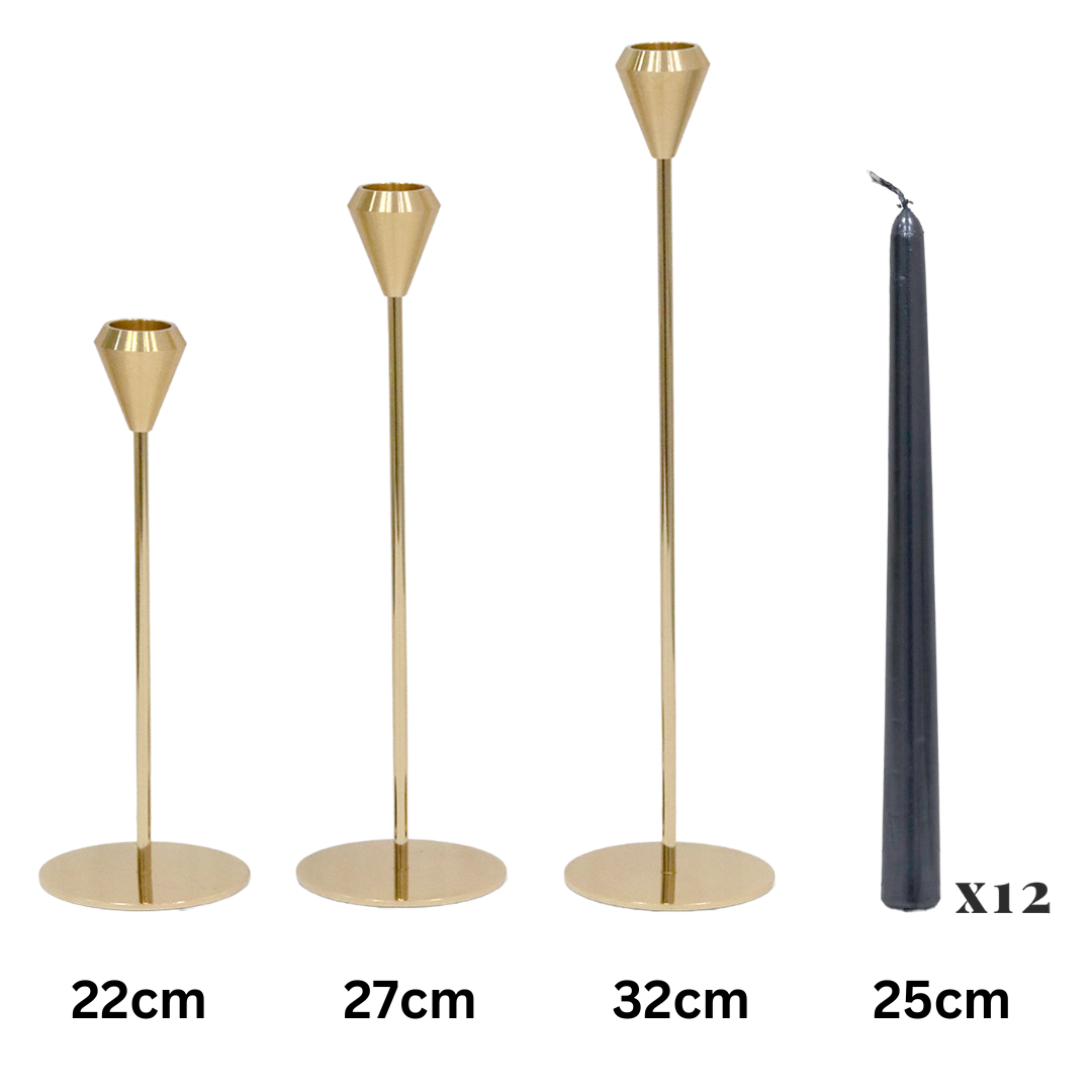 Set 3 portes bougie en métal doré + 12 bougies noir