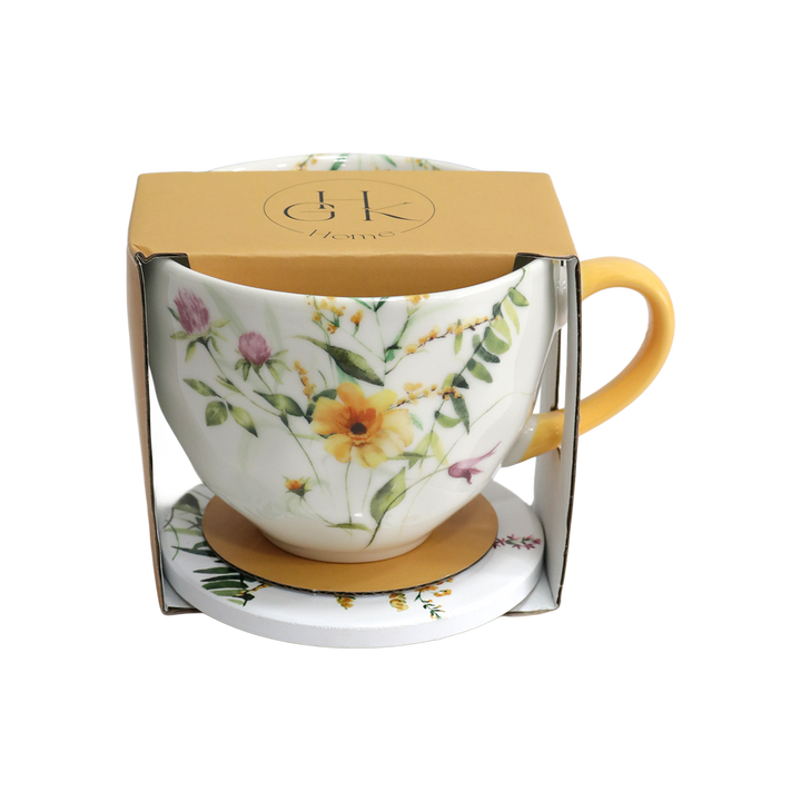 Set 2 tasses 430ML + 2 sous tasses 10cm fleuri