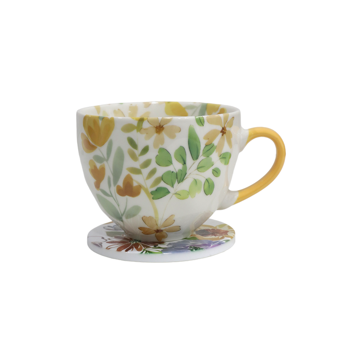 Set 2 tasses 430ML + 2 sous tasses 10cm fleuri