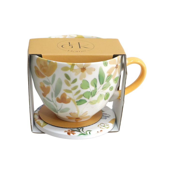 Set 2 tasses 430ML + 2 sous tasses 10cm fleuri