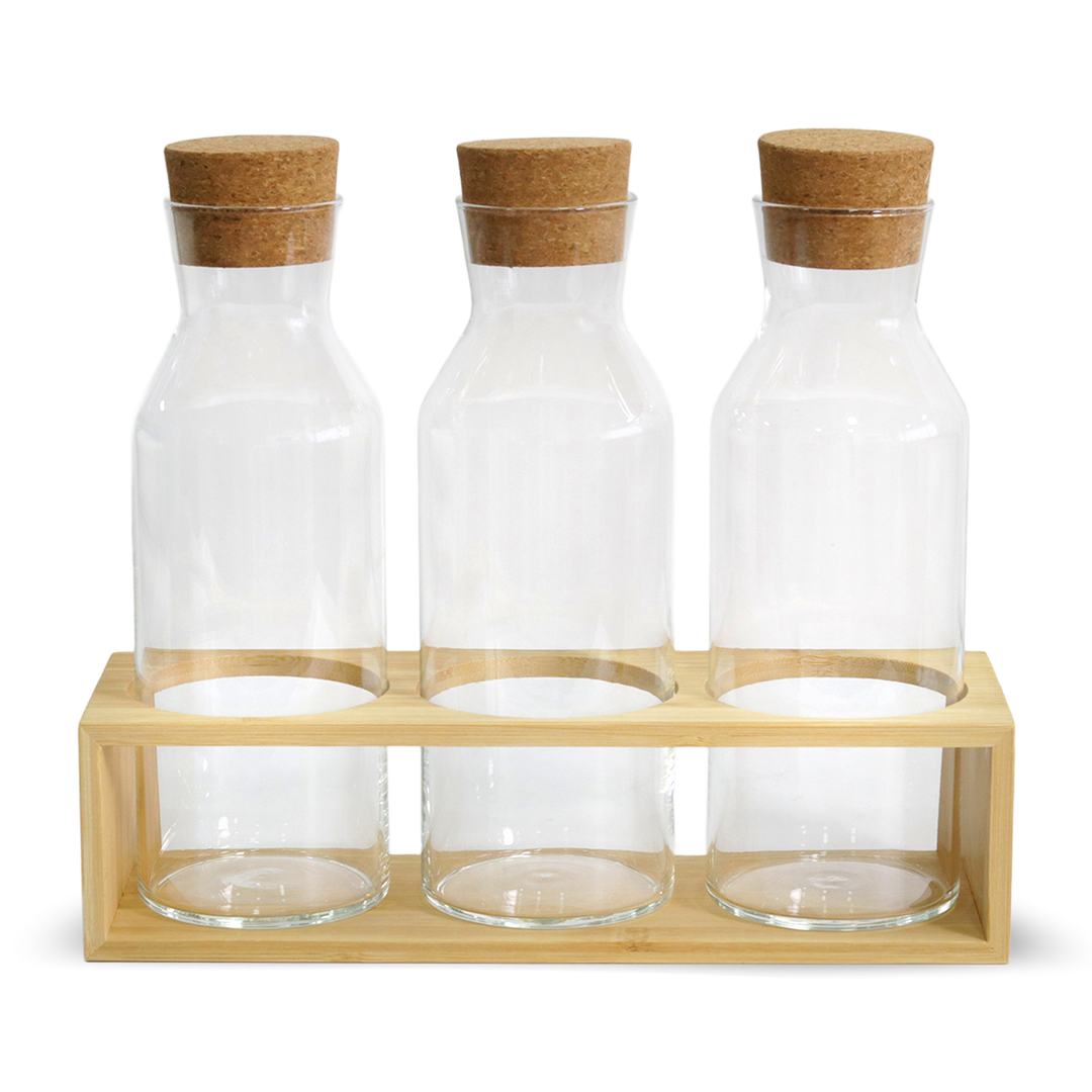 Set 3 bouteilles 1L en verre + support en bois 32cm
