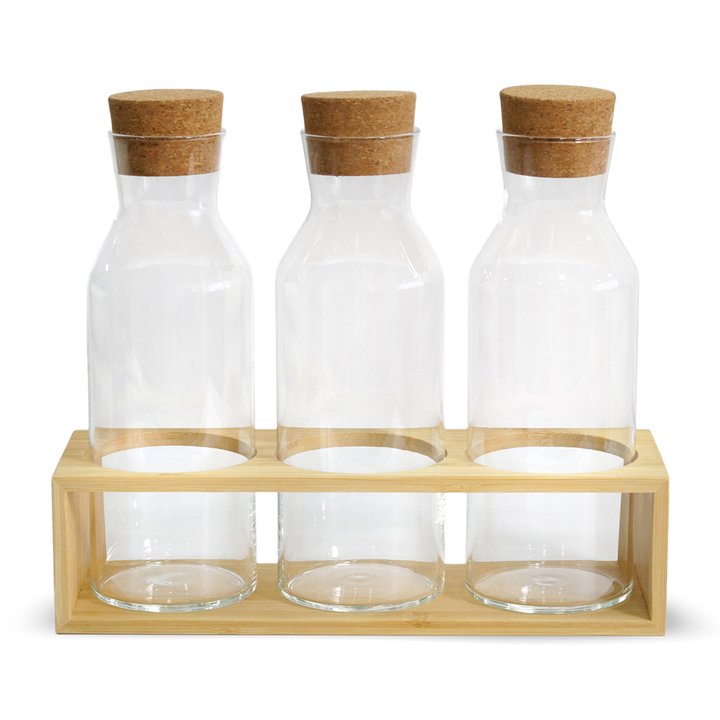 Set 3 bouteilles 1L en verre + support en bois 32cm