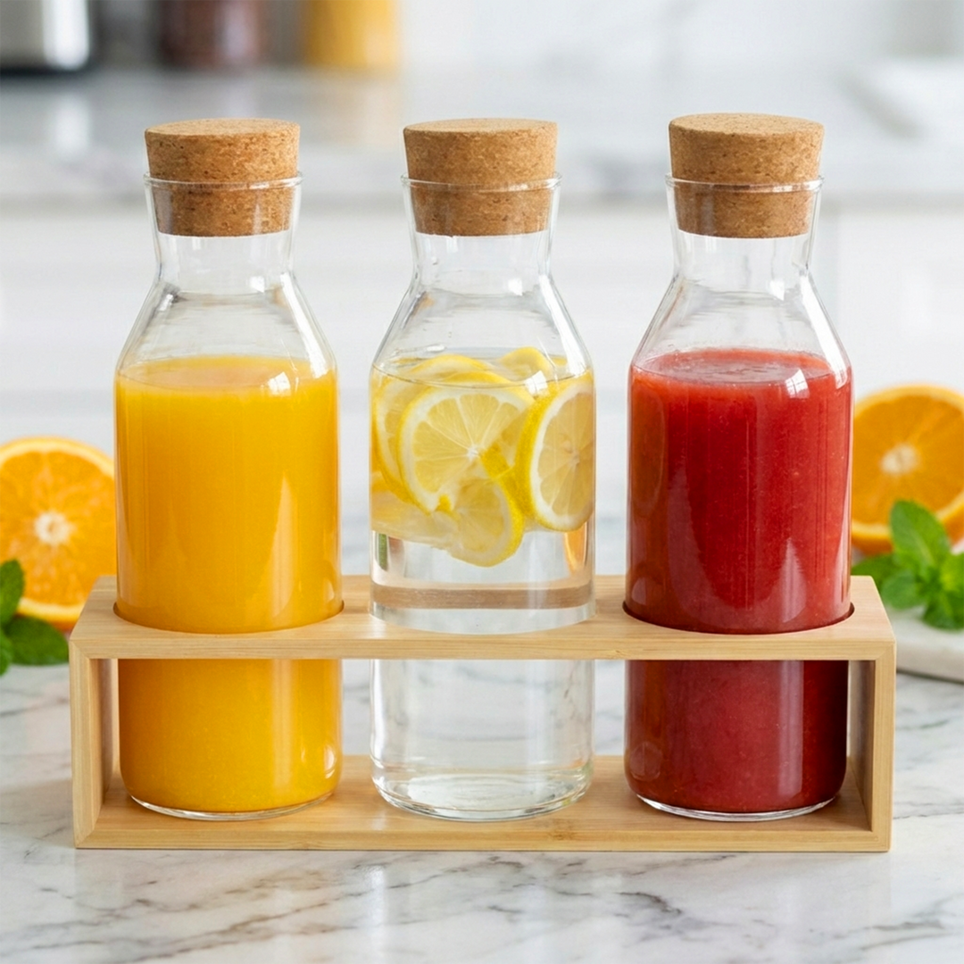 Set 3 bouteilles 1L en verre + support en bois 32cm