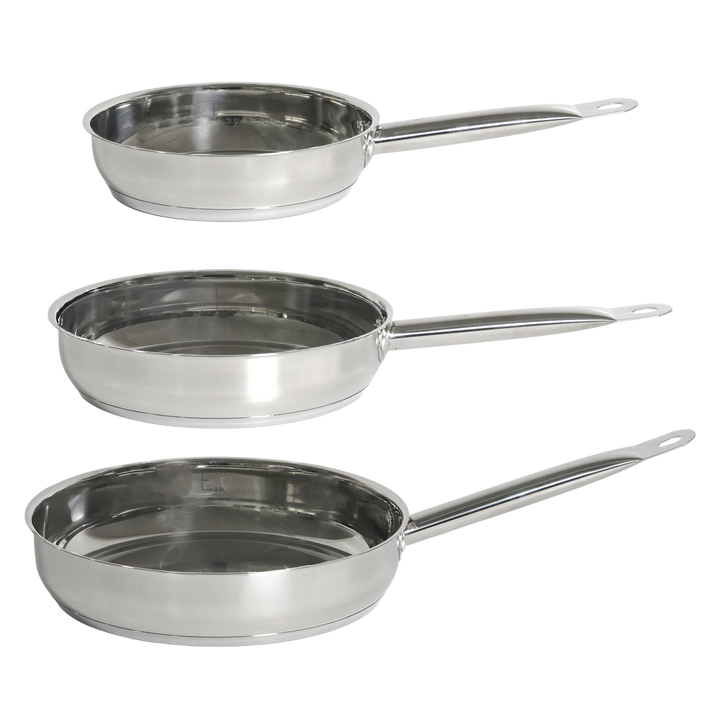 Set 3 poêles en inox 20cm + 24cm + 28cm