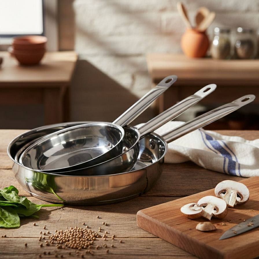 Set 3 poêles en inox 20cm + 24cm + 28cm