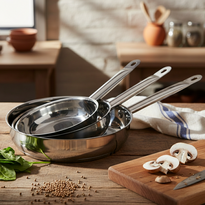 Set 3 poêles en inox 20cm + 24cm + 28cm