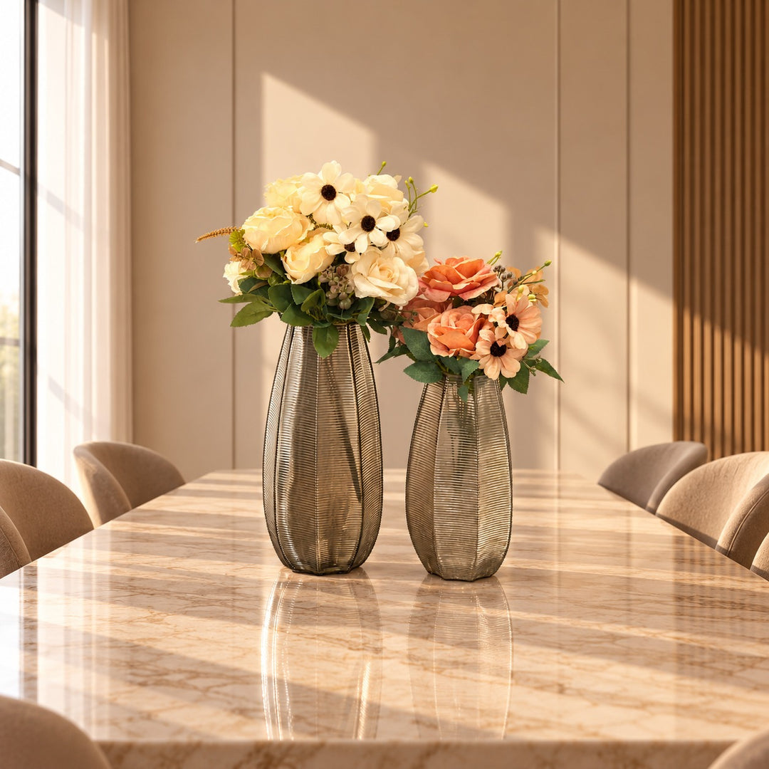 Set 2 vases en verre 30cm + 35cm + 3 bouquets de fleurs artificielles 9 têtes 45cm