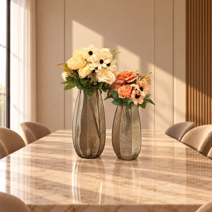 Set 2 vases en verre 30cm + 35cm + 3 bouquets de fleurs artificielles 9 têtes 45cm