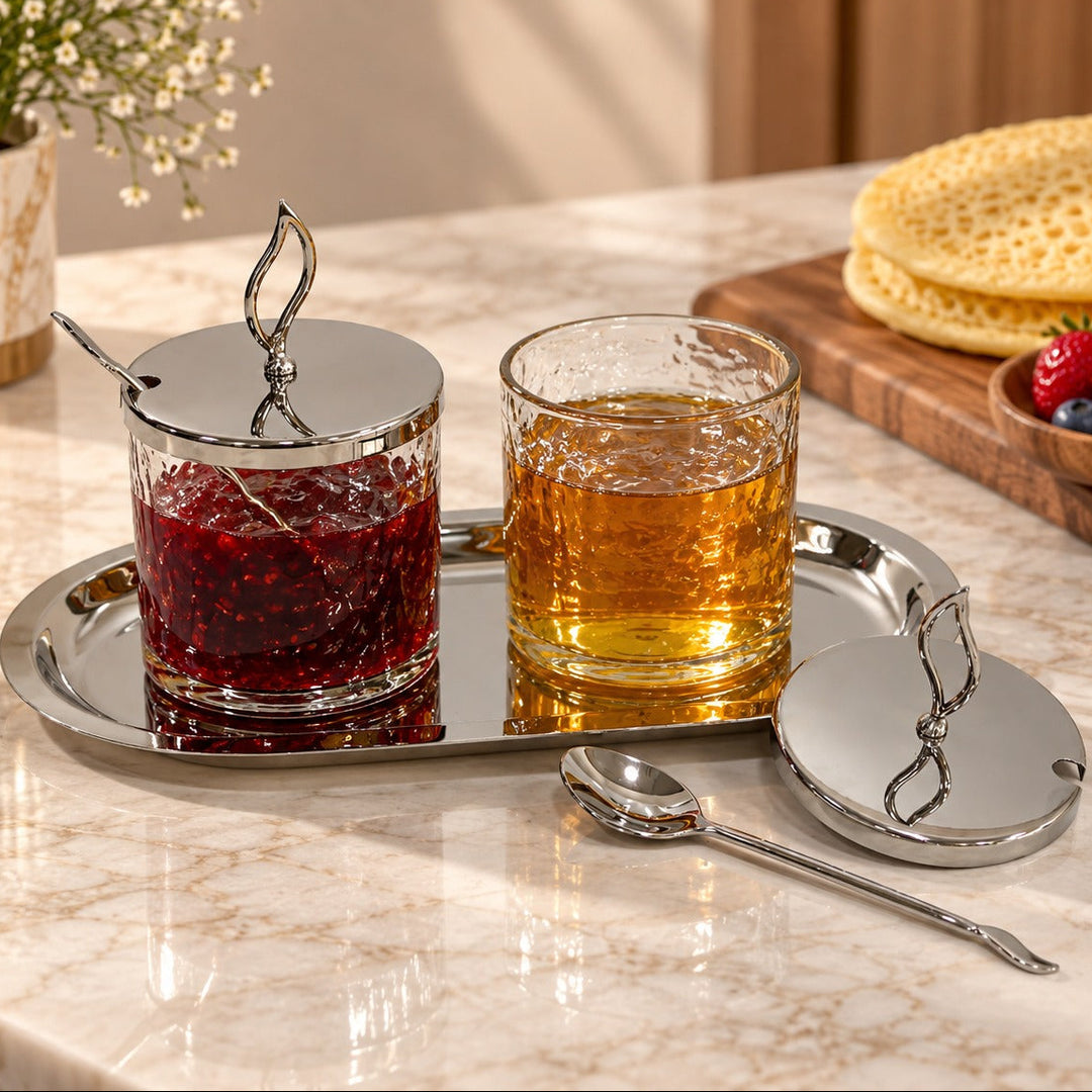Set 2 bocaux en verre 8cm + plat en inox 26cm
