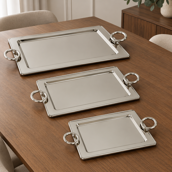 Set 3 plateaux en inox argenté 32cm + 41cm + 49cm