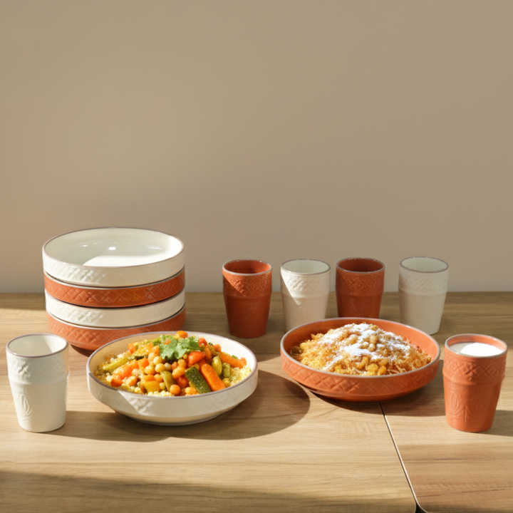 Set 6 assiettes creuses 22cm + 6 verres 300ML en céramique