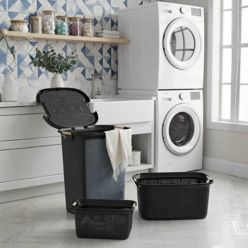 Set 3 paniers à linge en plastique 60L + 30L + 7L