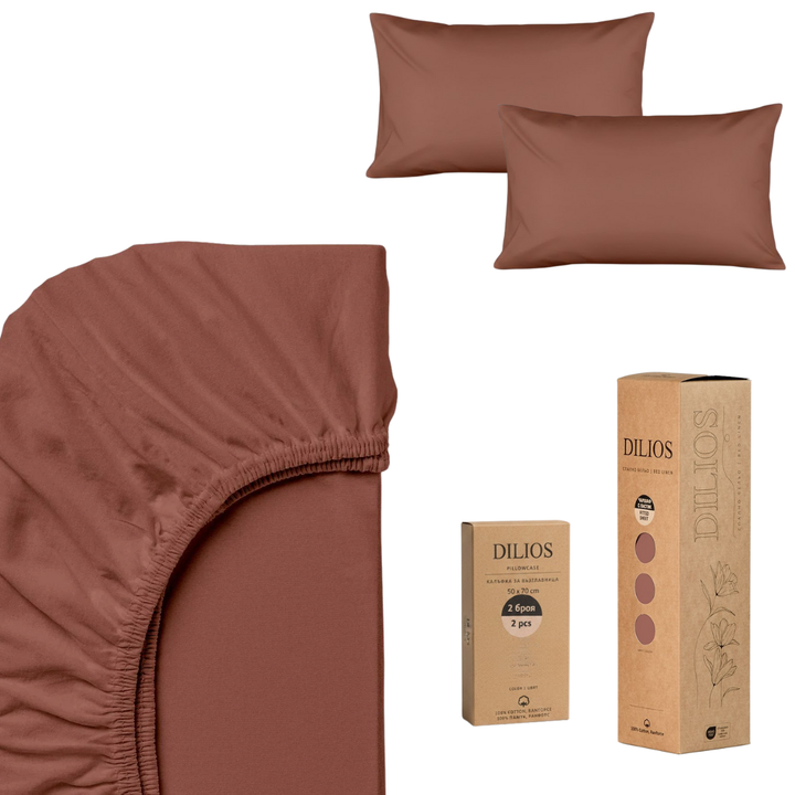 Set drap housse 140x200x25cm + 2 taies d'oreiller 50x70cm en coton