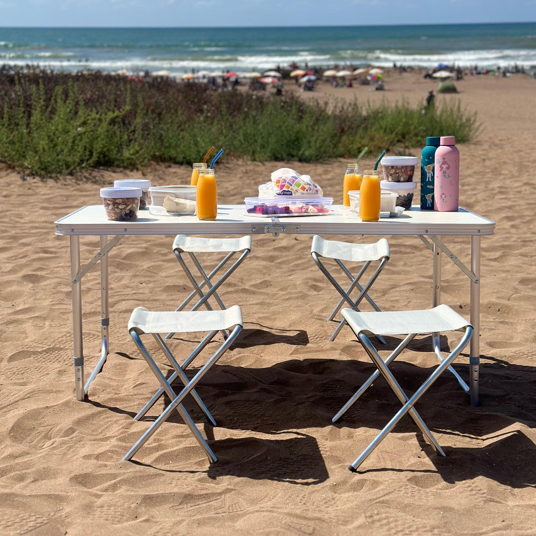 Table pliable en métal 120x60x55cm + 4 tabourets 27x23cm