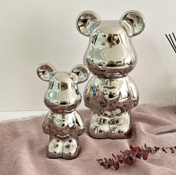 Set 2 oursons décoratifs argentés 28cm + 17cm