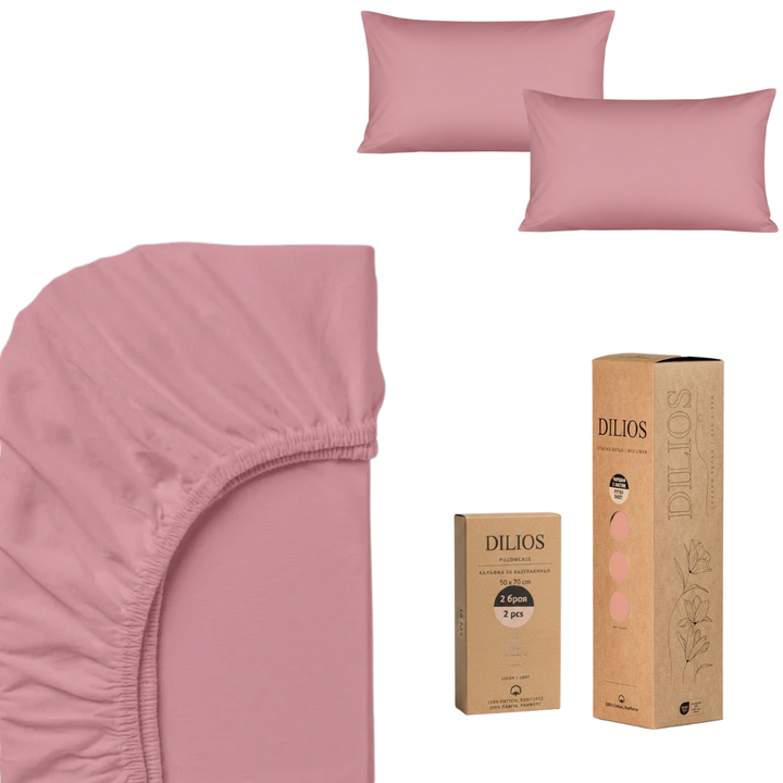 Set drap housse 140x200x25cm + 2 taies d'oreiller 50x70cm en coton