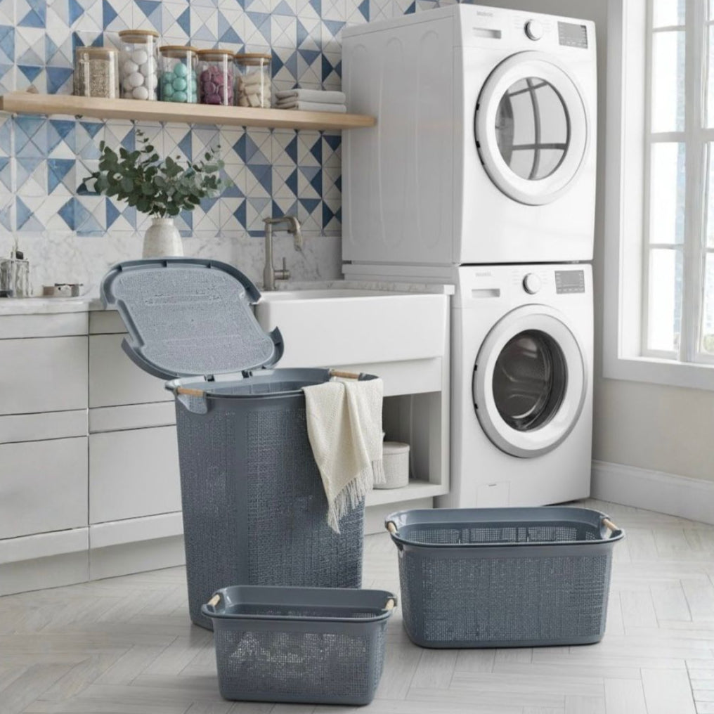 Set 3 paniers à linge en plastique 60L + 30L + 7L