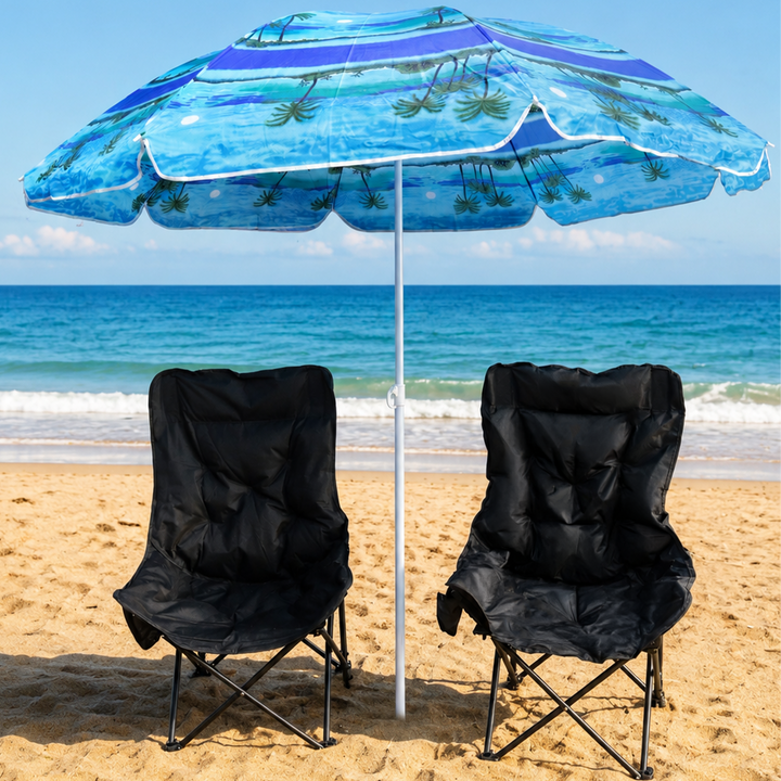 Set 2 chaises pliable 66x46x92cm + parasol 180cm