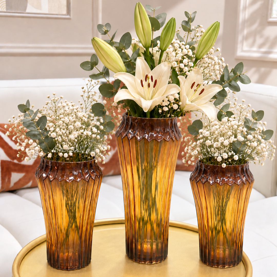 Set 3 vases en verre marron 2x24cm + 29cm