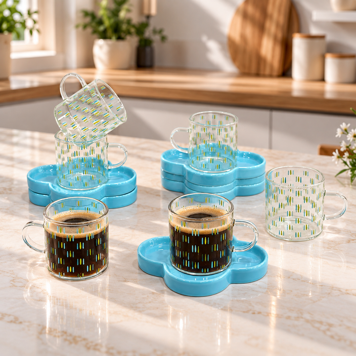 Coffret 6 tasses en verre 5cm + 6 sous tasses en céramique 12cm