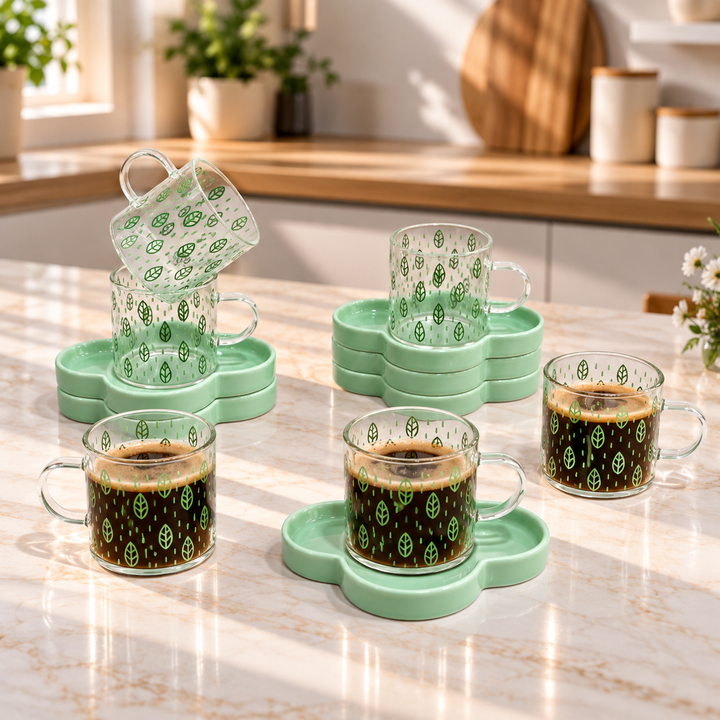 Coffret 6 tasses en verre 5cm + 6 sous tasses en céramique 12cm