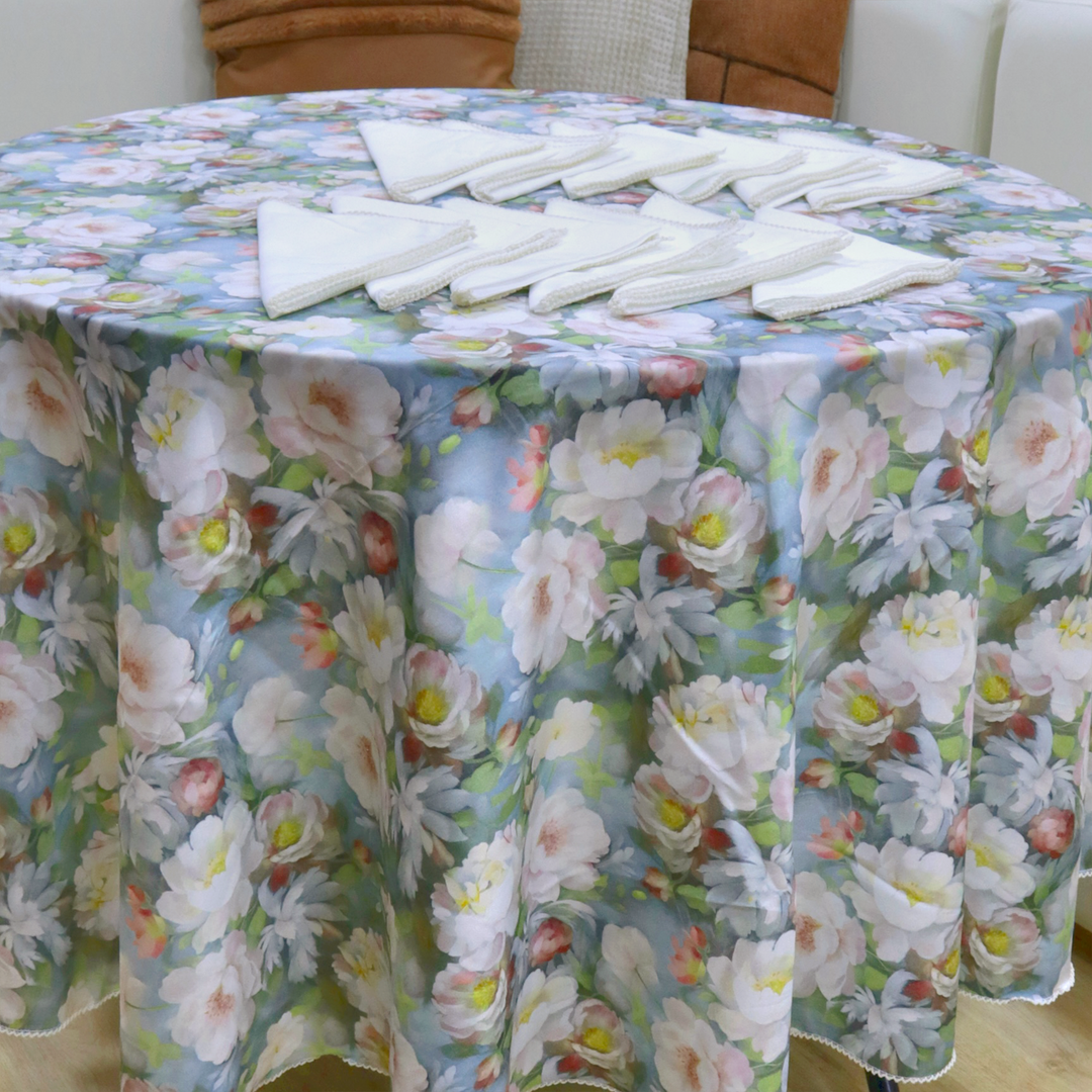 Nappe de table fleuri 180cm + 12 serviettes 36cm