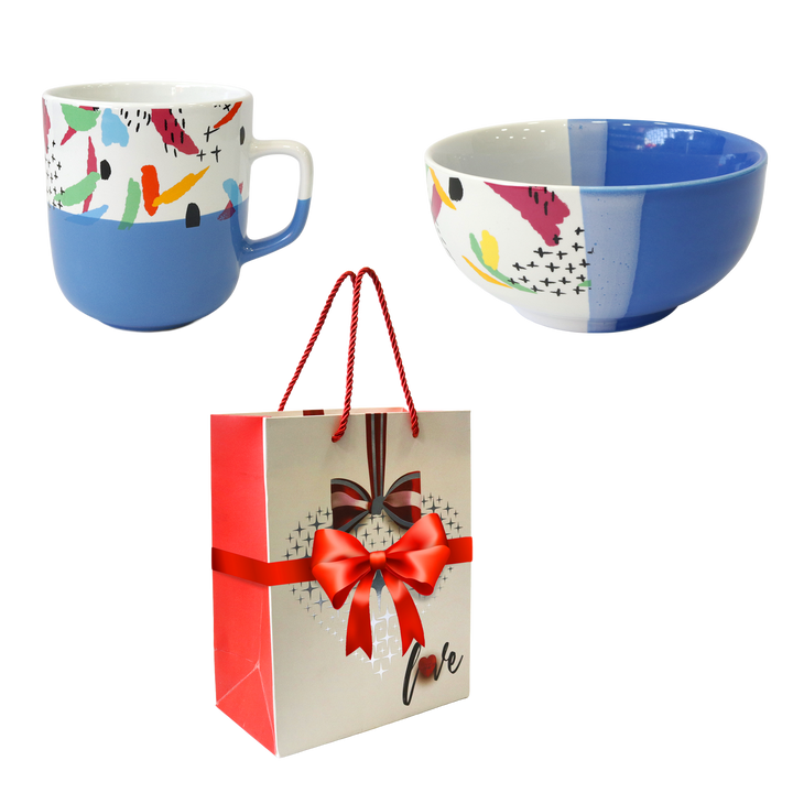 Set mug 9x10cm + bol en céramique 14x7cm + sac cadeau gratuit 23x18cm