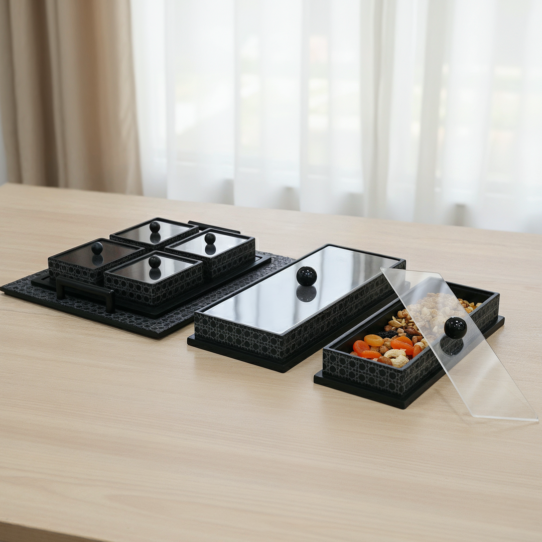 Set 2 plats présentation avec couvercle 41cm + 36cm + set 4 bonbonnières avec plateau 41cm