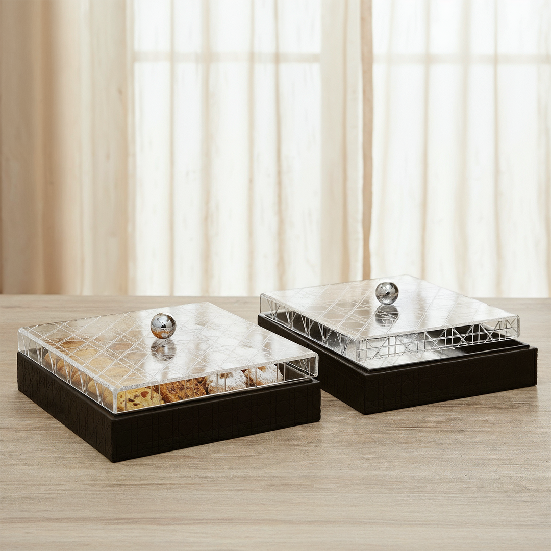 Set 2 présentoirs avec couvercle en plexiglass 25cm + 30cm