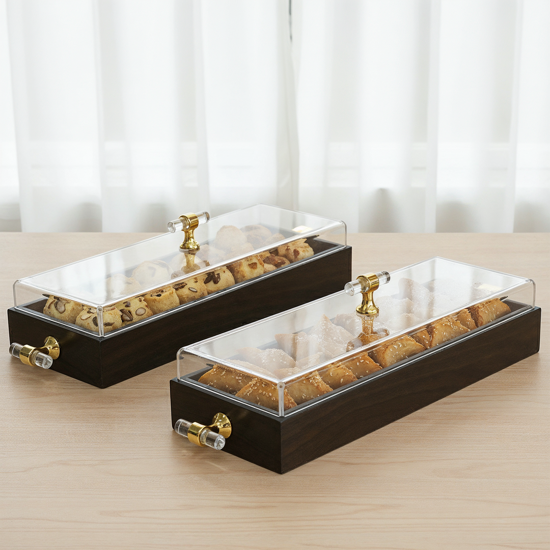 Set 2 présentoirs marron avec couvercle en plexiglass 35x13cm