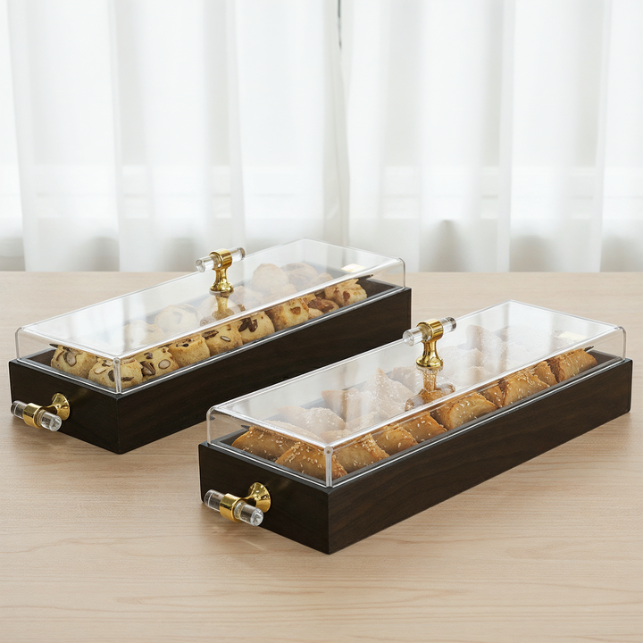 Set 2 présentoirs marron avec couvercle en plexiglass 35x13cm