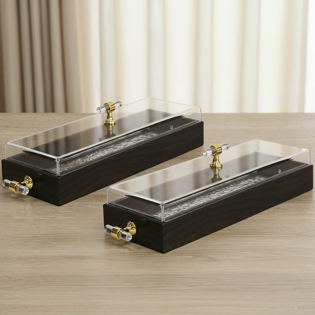 Set 2 présentoirs marron avec couvercle en plexiglass 35x13cm