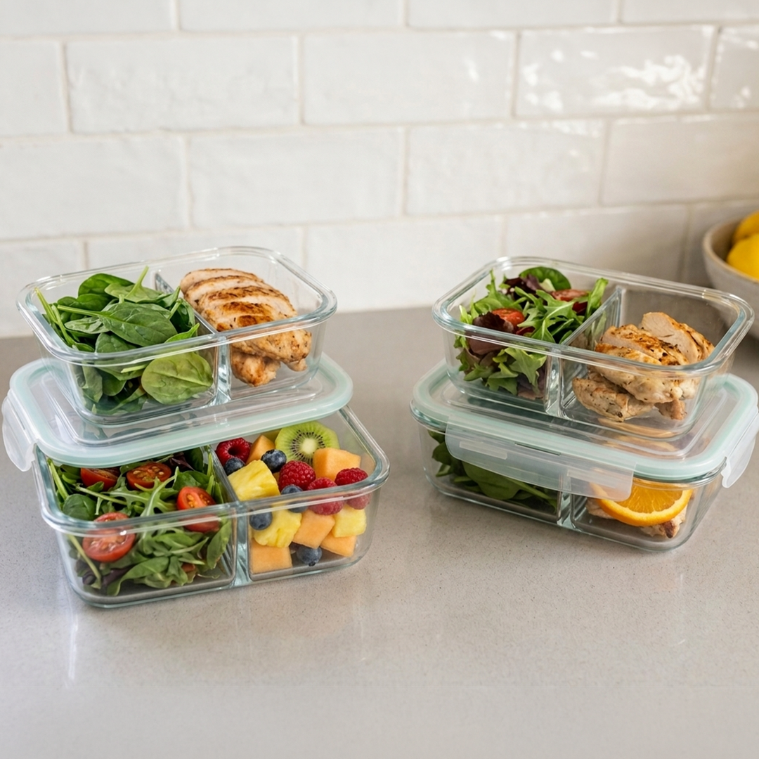 Set 4 boîtes en verre 2 compartiments 2x700ML + 2x1040ML