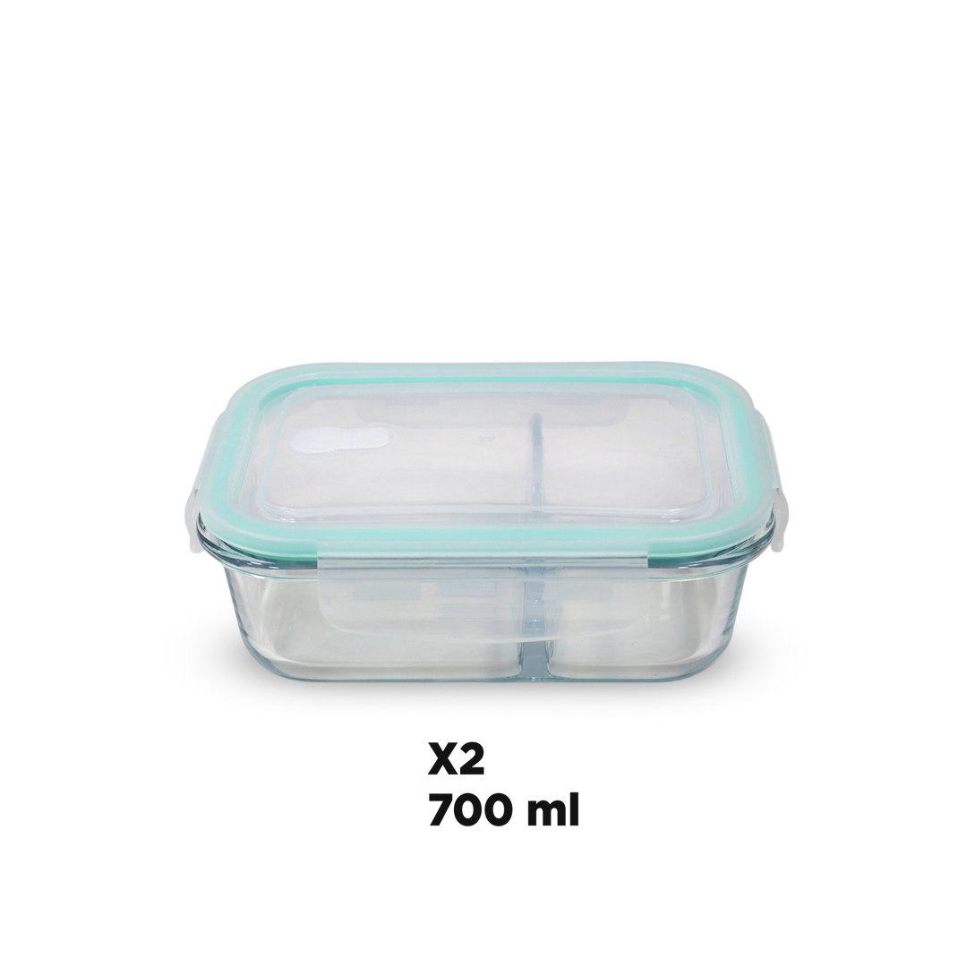 Set 4 boîtes en verre 2 compartiments 2x700ML + 2x1040ML