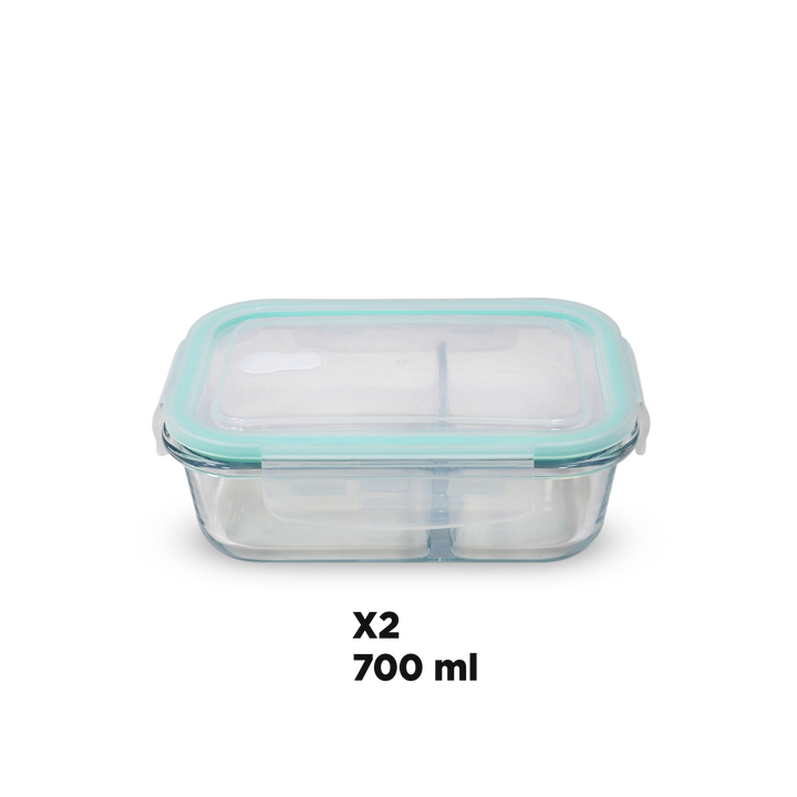 Set 4 boîtes en verre 2 compartiments 2x700ML + 2x1040ML