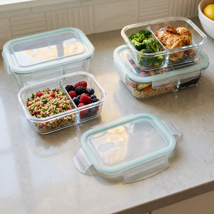 Set 4 boîtes en verre 2 compartiments 2x700ML + 2x1040ML