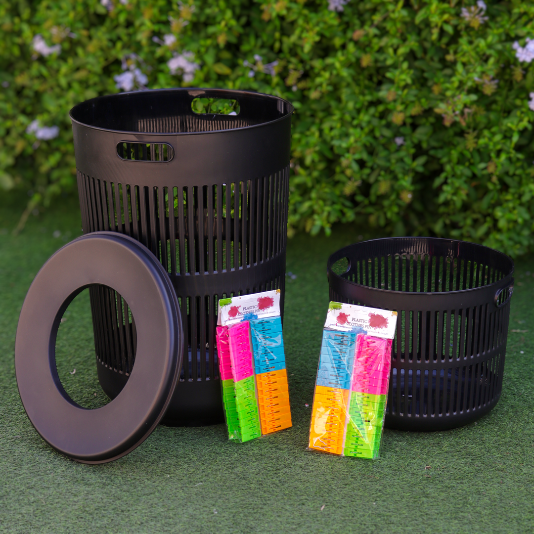 Set 2 paniers à linge ronds 30L + 60L + pince à linge 60pcs