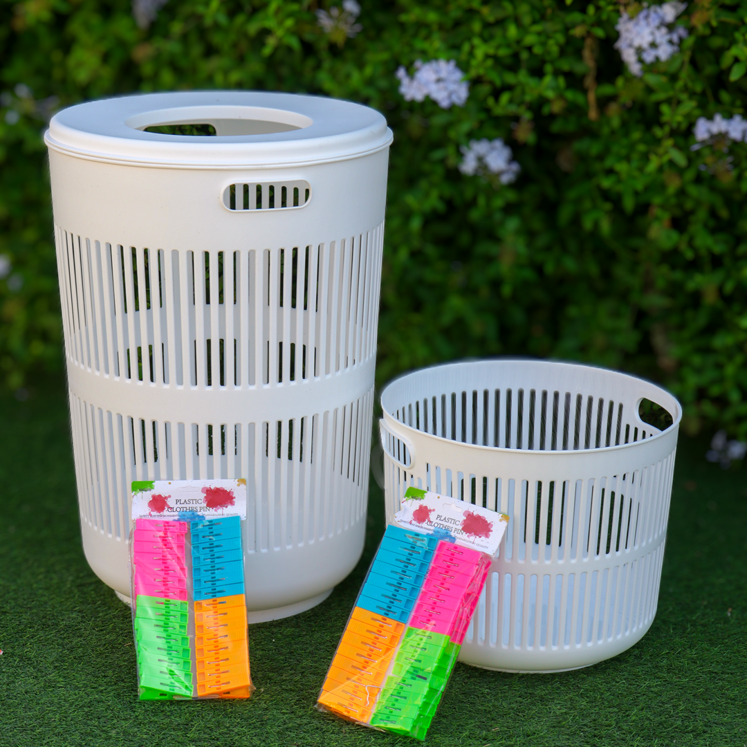 Set 2 paniers à linge ronds 30L + 60L + pince à linge 60pcs