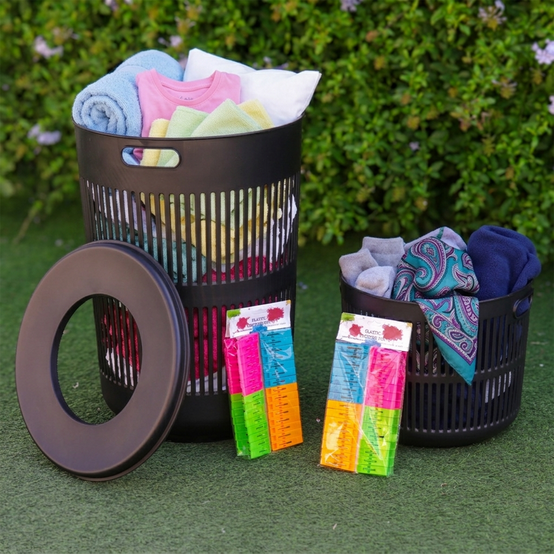 Set 2 paniers à linge ronds 30L + 60L + pince à linge 60pcs