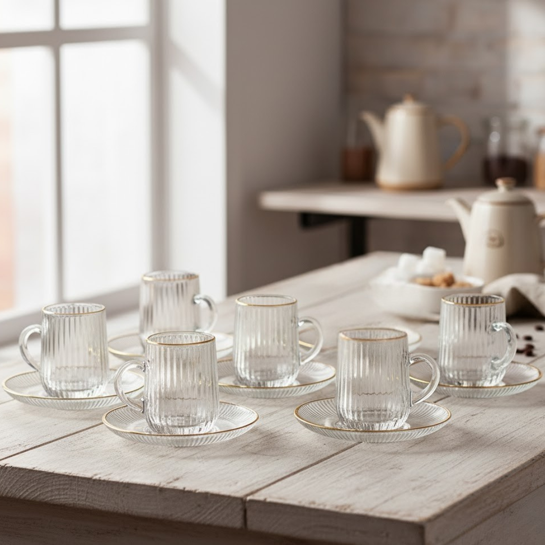 Set 6 tasses 7,50x5,50cm + 6 sous tasses 11cm en verre