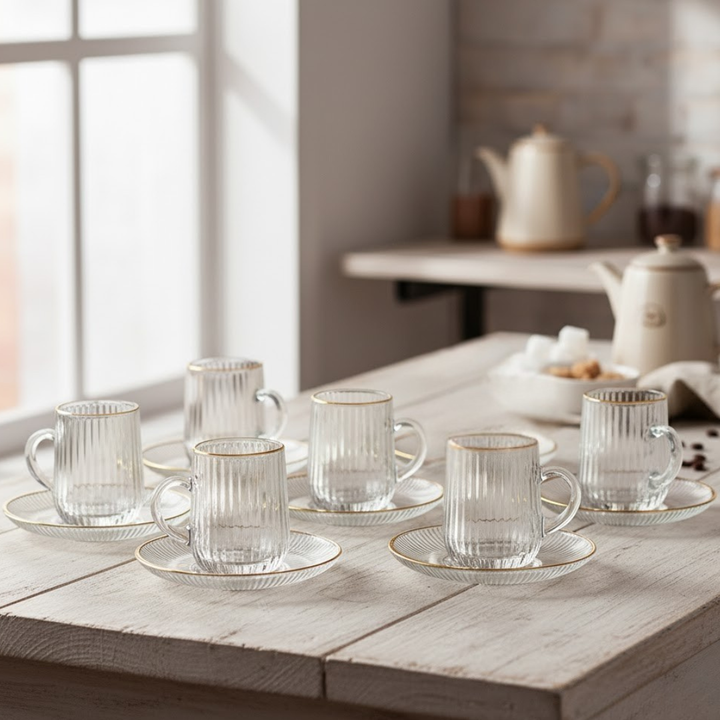 Set 6 tasses 7,50x5,50cm + 6 sous tasses 11cm en verre