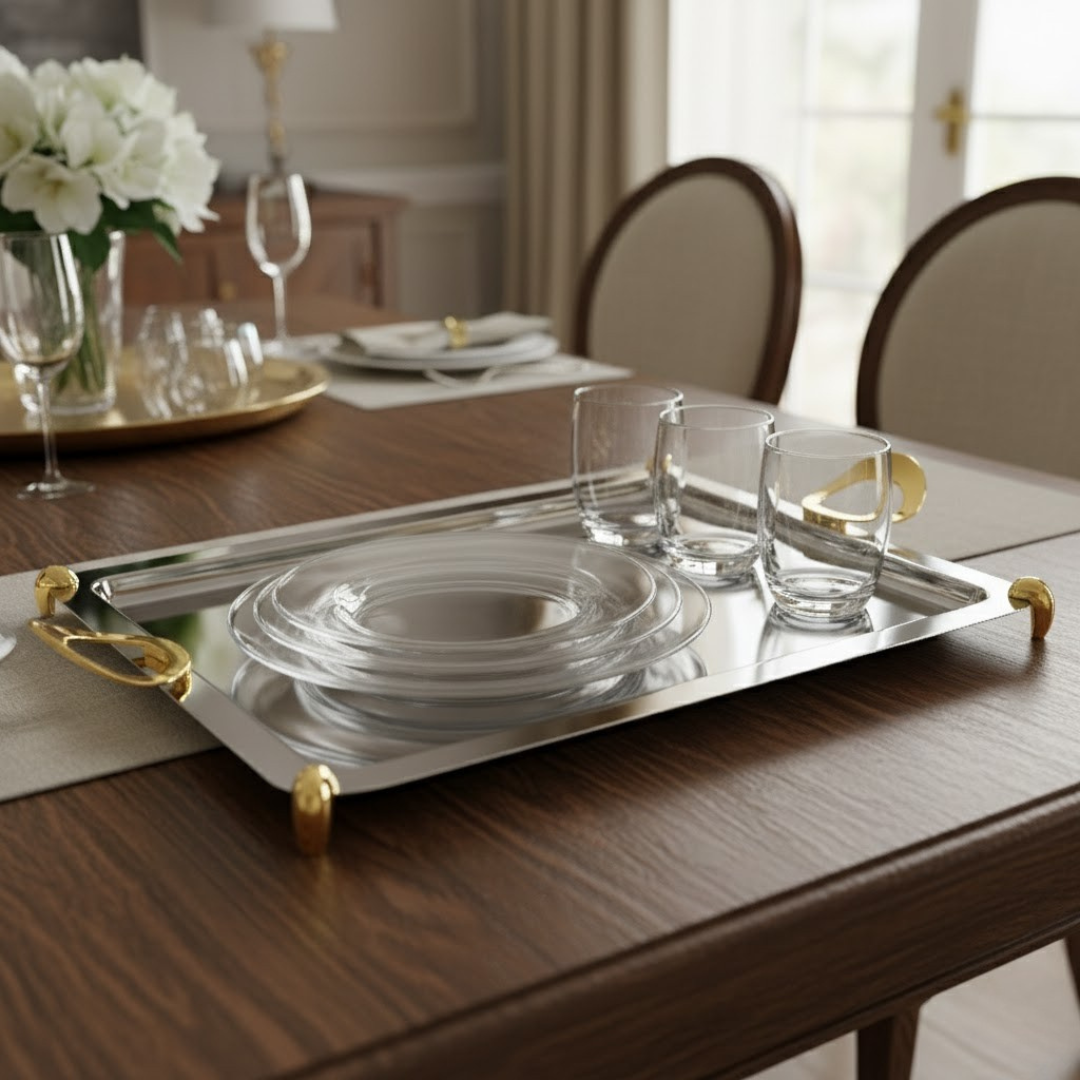 Plateau en inox argenté avec 2 manches dorés 50x36cm
