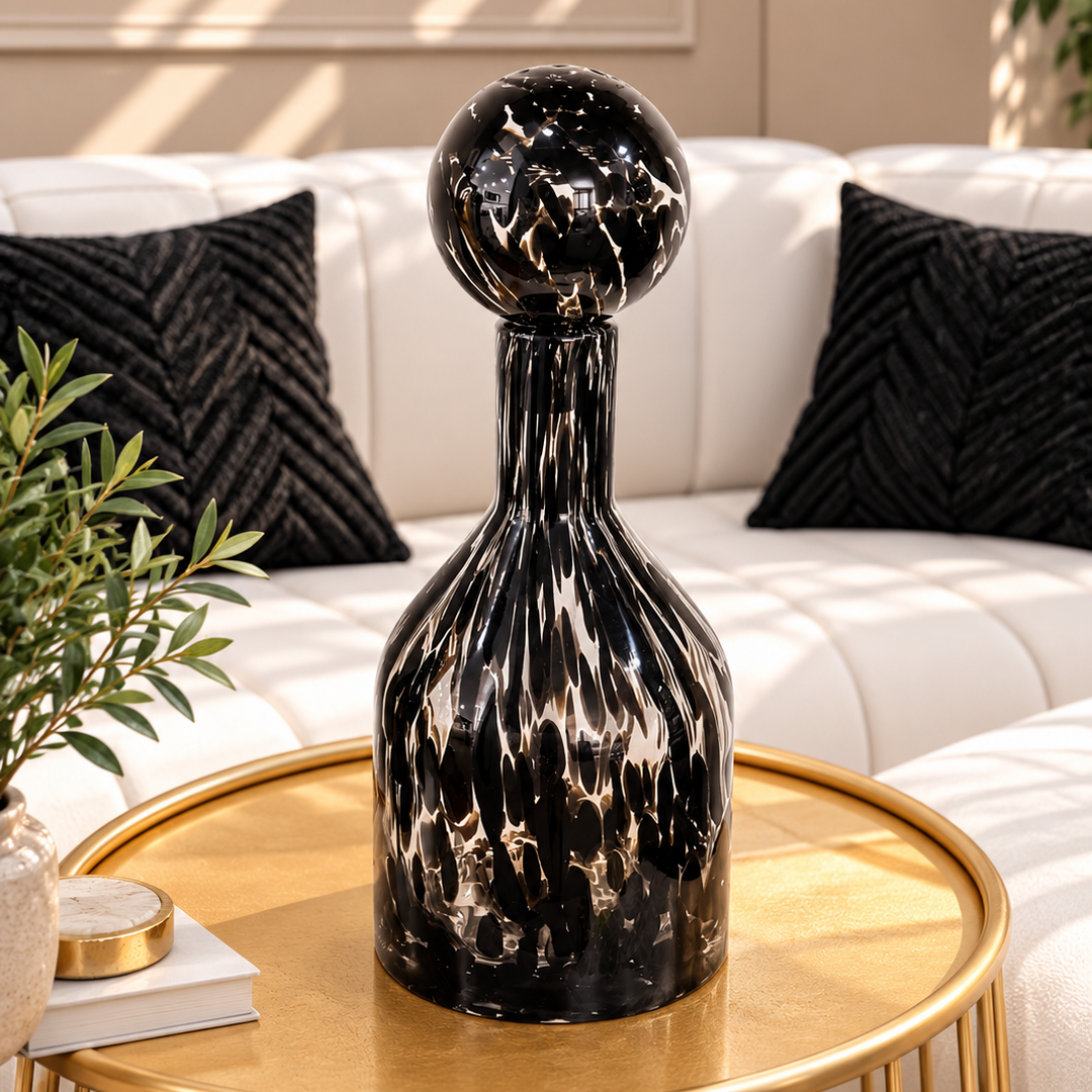 Vase en verre noir avec couvercle 14x36cm