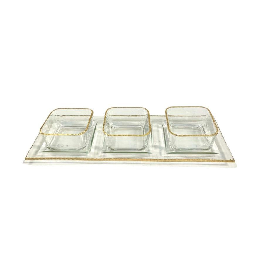 Set 3 ramequins 10x10cm + plat en verre 41x15cm