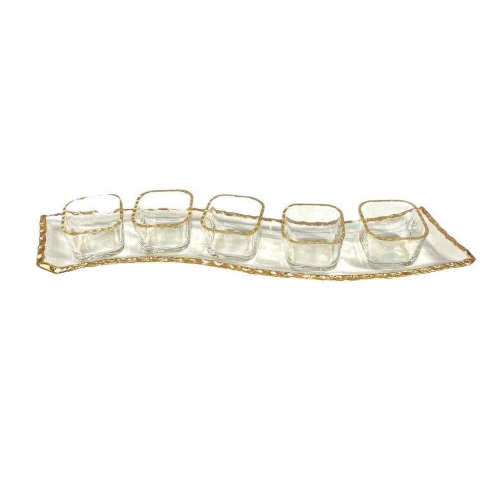 Set 5 ramequins 6x6cm + plat en verre 42x9cm