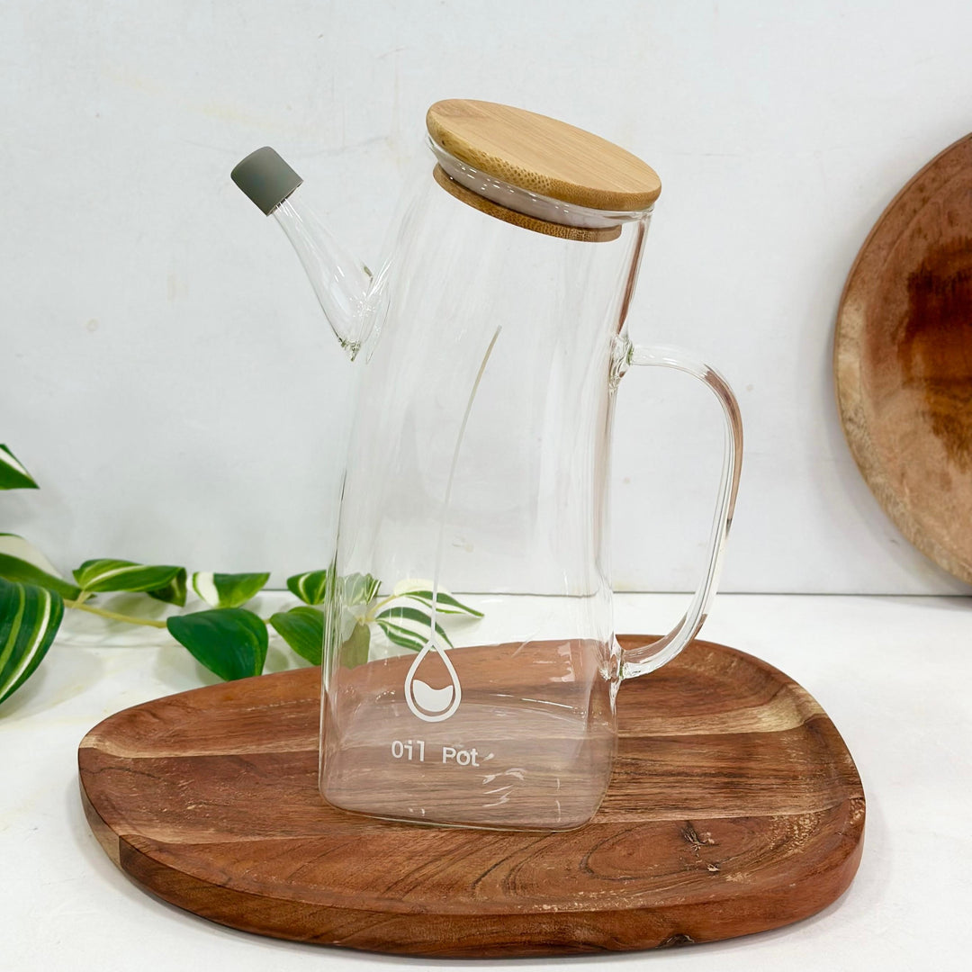 Huilière en verre avec couvercle en bois 1L