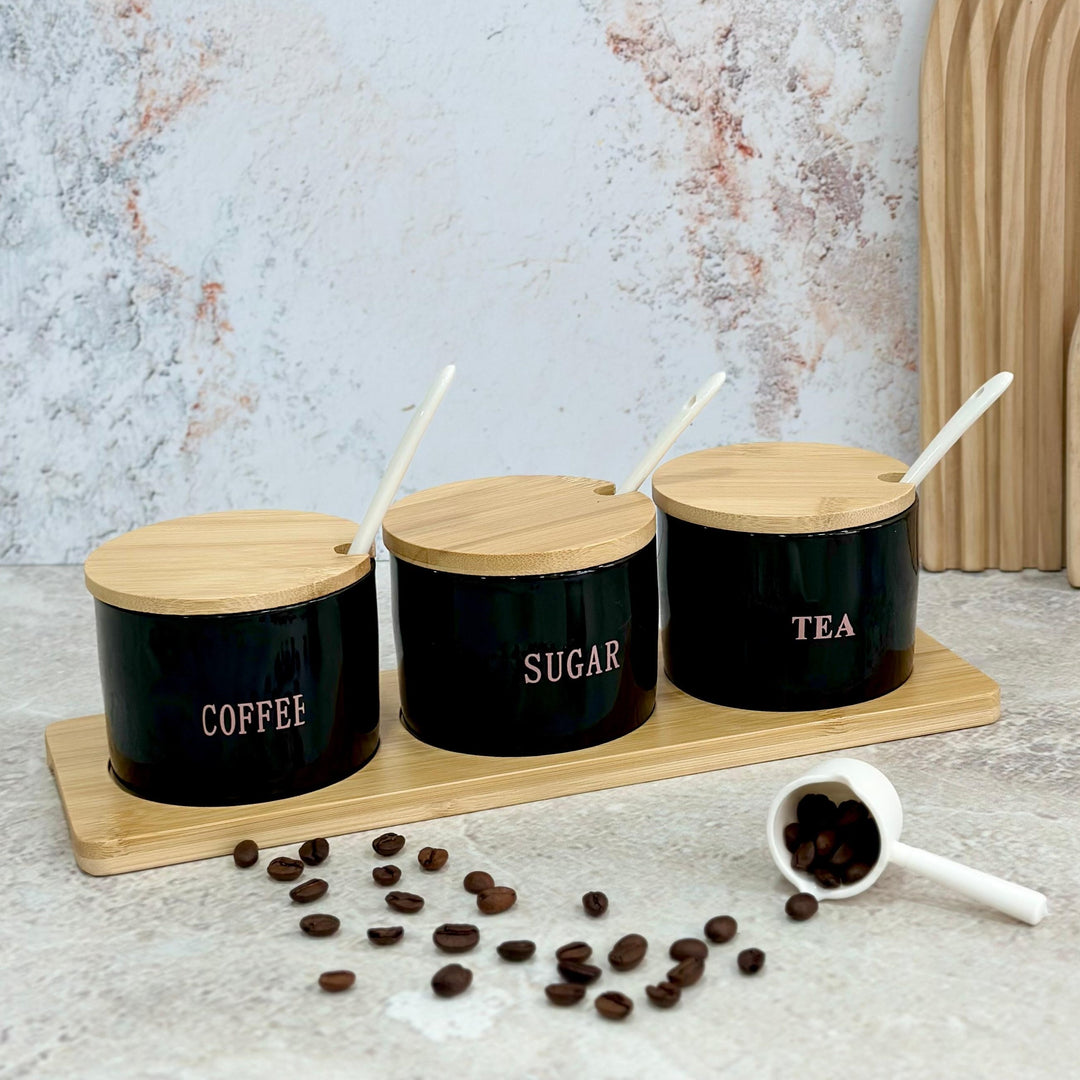 Set 3 bocaux 200ML en céramique avec support en bois 28,50cm