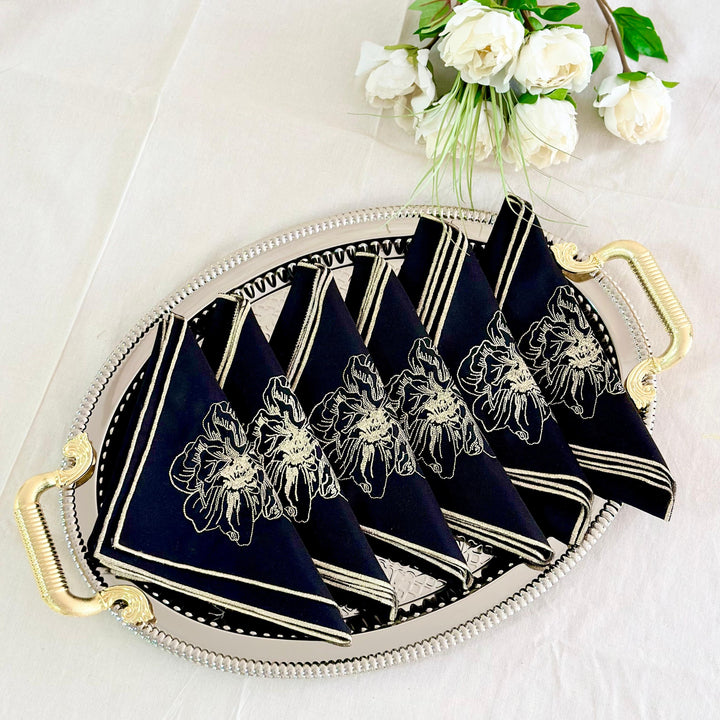 Set 6 serviettes de table fleur noir 37x39cm